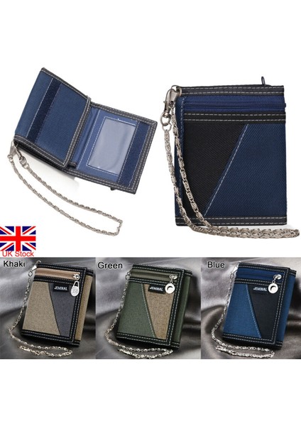 Moda Erkek Erkek Düz Kanvas Üç Katlı Cüzdan Kart Nakit Cüzdan Zincirli Çanta (Yurt Dışından)