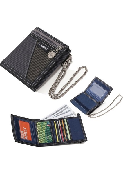 Moda Erkek Erkek Düz Kanvas Üç Katlı Cüzdan Kart Nakit Cüzdan Zincirli Çanta (Yurt Dışından) fiyatları