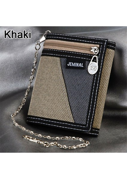Moda Erkek Erkek Düz Kanvas Üç Katlı Cüzdan Kart Nakit Cüzdan Zincirli Çanta (Yurt Dışından) modelleri