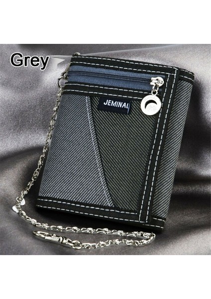 Moda Erkek Erkek Düz Kanvas Üç Katlı Cüzdan Kart Nakit Cüzdan Zincirli Çanta (Yurt Dışından) fırsatları