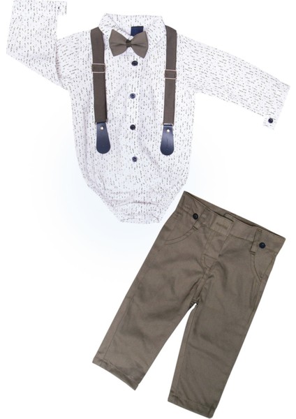 Dar Kalıp Erkek Bebek Haki Pantolon Gömlek Papyon Salopet Takım