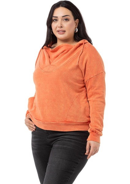 Büyük Beden Degaje Kapüşonlu Yaka Cepli Parça Boyalı Üç Iplik Turuncu Sweatshirt fırsatları