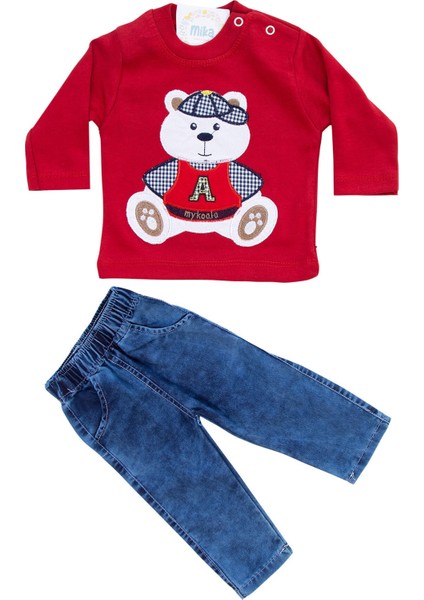 Ayıcık Desenli Kot Pantolon Erkek Bebek Kırmızı Mevsimlik Takım