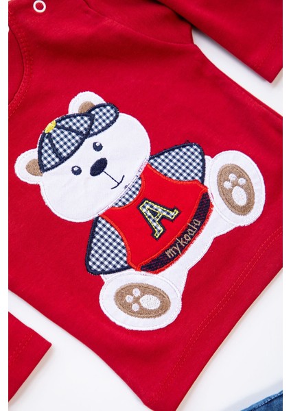 Ayıcık Desenli Kot Pantolon Erkek Bebek Kırmızı Mevsimlik Takım modelleri