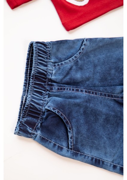 Ayıcık Desenli Kot Pantolon Erkek Bebek Kırmızı Mevsimlik Takım fırsatları