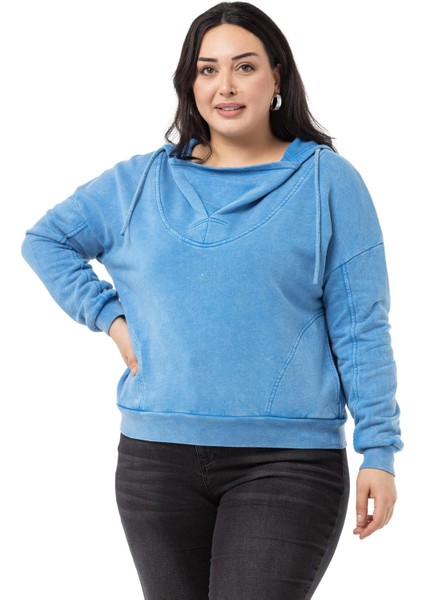 Büyük Beden Degaje Kapüşonlu Yaka Cepli Parça Boyalı Üç Iplik Mavi Sweatshirt