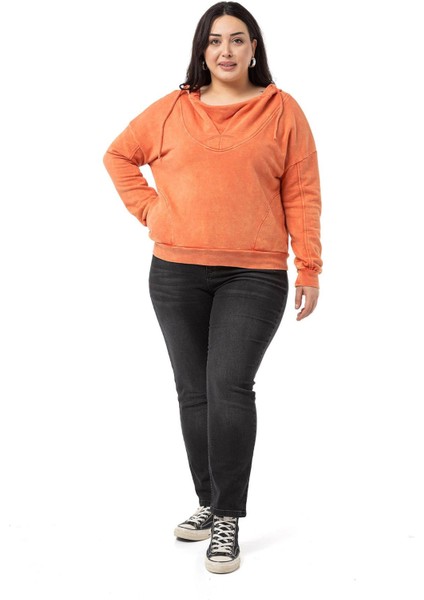 Büyük Beden Degaje Kapüşonlu Yaka Cepli Parça Boyalı Üç Iplik Turuncu Sweatshirt fiyatları