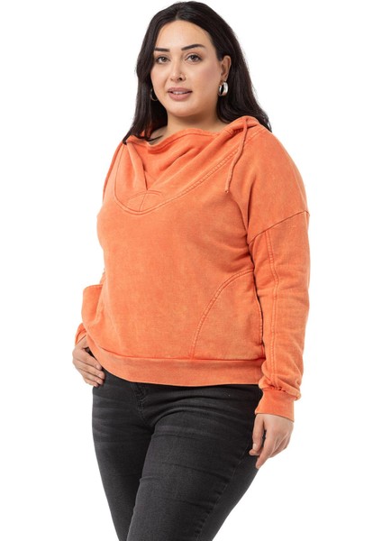 Büyük Beden Degaje Kapüşonlu Yaka Cepli Parça Boyalı Üç Iplik Turuncu Sweatshirt fırsatları