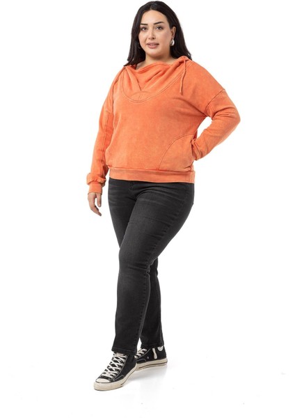 Büyük Beden Degaje Kapüşonlu Yaka Cepli Parça Boyalı Üç Iplik Turuncu Sweatshirt indirimleri