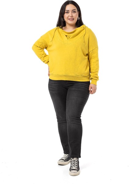 Büyük Beden Degaje Kapüşonlu Yaka Cepli Parça Boyalı Üç Iplik Hardal Sweatshirt fiyatları