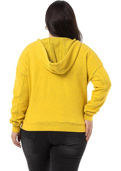 Büyük Beden Degaje Kapüşonlu Yaka Cepli Parça Boyalı Üç Iplik Hardal Sweatshirt modelleri