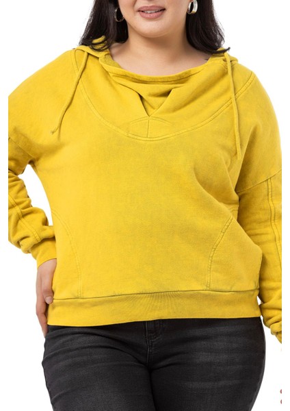 Büyük Beden Degaje Kapüşonlu Yaka Cepli Parça Boyalı Üç Iplik Hardal Sweatshirt fırsatları