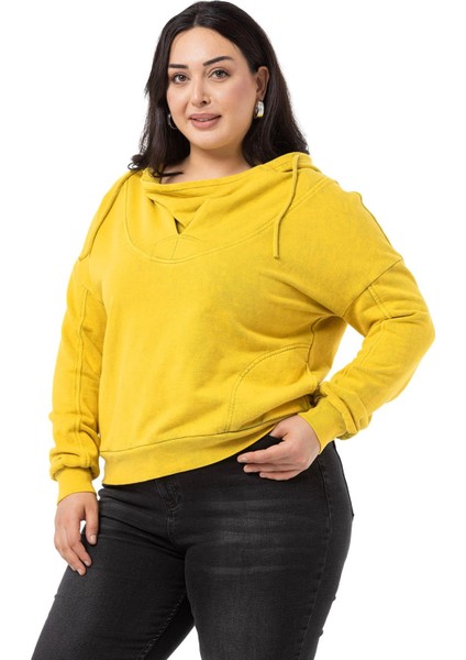 Büyük Beden Degaje Kapüşonlu Yaka Cepli Parça Boyalı Üç Iplik Hardal Sweatshirt indirimleri
