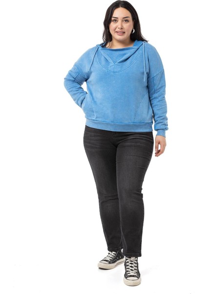 Büyük Beden Degaje Kapüşonlu Yaka Cepli Parça Boyalı Üç Iplik Mavi Sweatshirt fiyatları