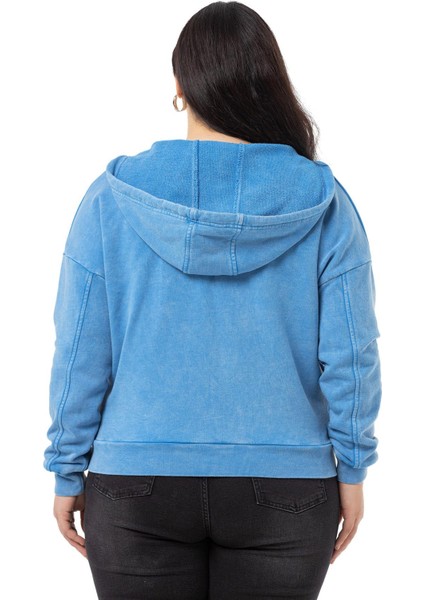 Büyük Beden Degaje Kapüşonlu Yaka Cepli Parça Boyalı Üç Iplik Mavi Sweatshirt modelleri
