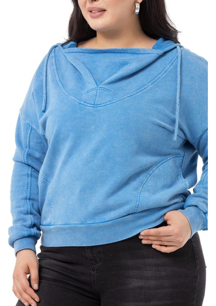 Büyük Beden Degaje Kapüşonlu Yaka Cepli Parça Boyalı Üç Iplik Mavi Sweatshirt fırsatları