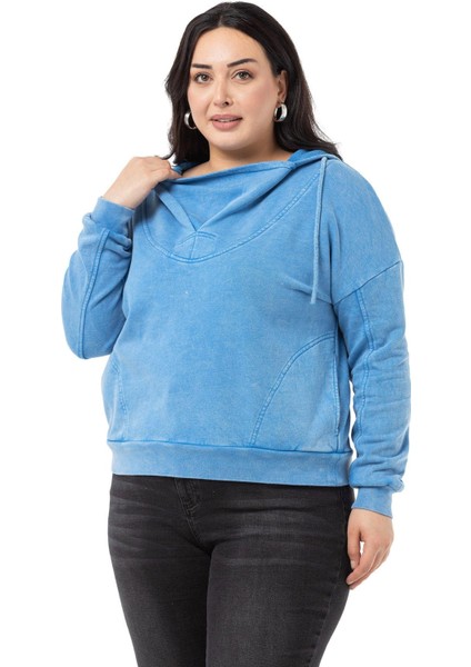 Büyük Beden Degaje Kapüşonlu Yaka Cepli Parça Boyalı Üç Iplik Mavi Sweatshirt indirimleri