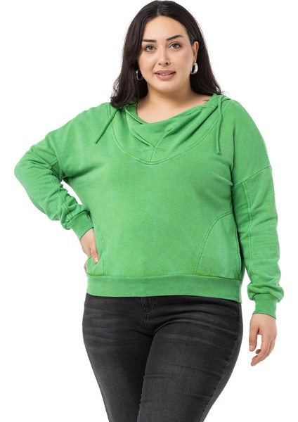 Büyük Beden Degaje Kapüşonlu Yaka Cepli Parça Boyalı Üç Iplik Yeşil Sweatshirt