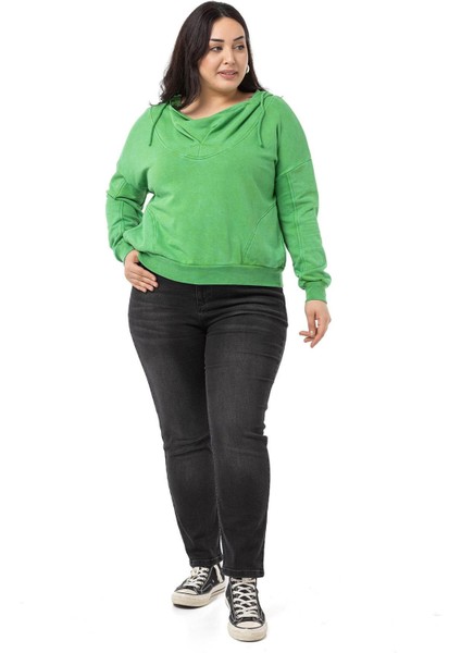 Büyük Beden Degaje Kapüşonlu Yaka Cepli Parça Boyalı Üç Iplik Yeşil Sweatshirt fiyatları