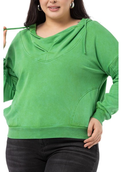 Büyük Beden Degaje Kapüşonlu Yaka Cepli Parça Boyalı Üç Iplik Yeşil Sweatshirt fırsatları