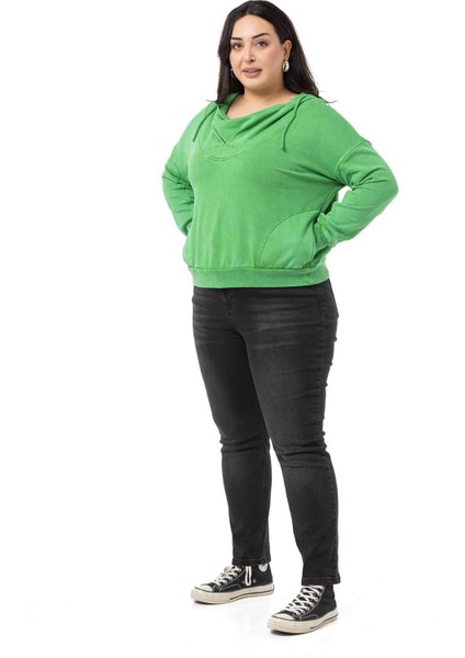 Büyük Beden Degaje Kapüşonlu Yaka Cepli Parça Boyalı Üç Iplik Yeşil Sweatshirt indirimleri