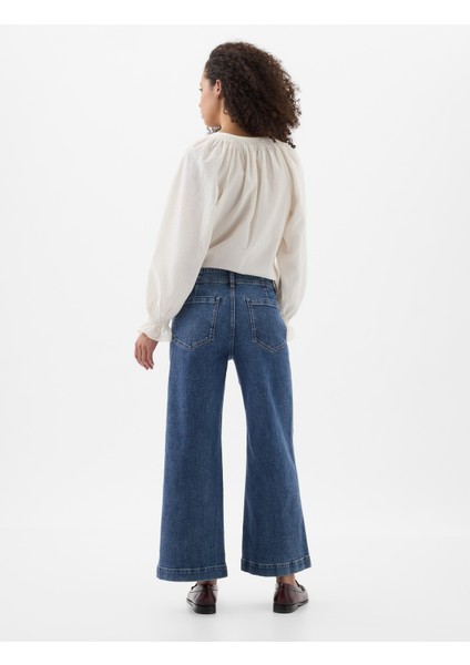 Kadın Koyu Mavi High Rise Wide-Leg Crop Jean Pantolon