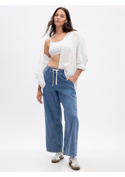 Kadın Koyu Mavi High Rise Wide-Leg Pull-On Jean Pantolon