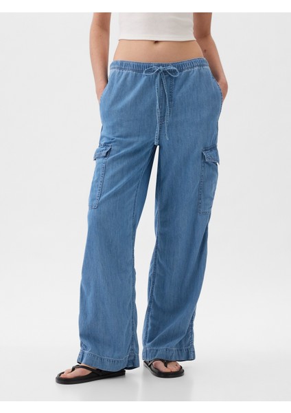 Kadın Mavi High Rise Pull-On Kargo Jean Pantolon