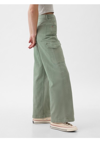 Kadın Yeşil High Rise Stride Wide-Leg Kargo Ankle Jean Pantolon