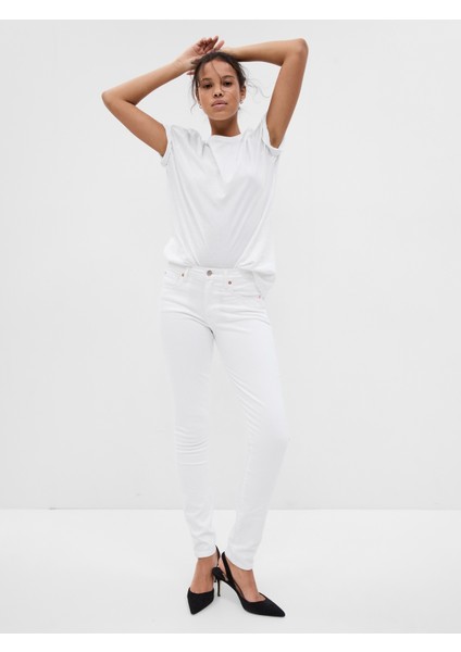 Kadın Beyaz Mid Rise True Skinny Jean Pantolon