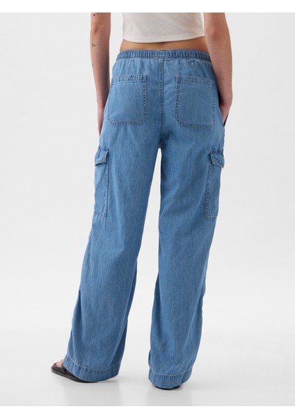 Kadın Mavi High Rise Pull-On Kargo Jean Pantolon