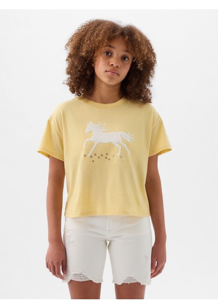 Kız Çocuk Sarı Pullu Flippy Grafikli T-Shirt