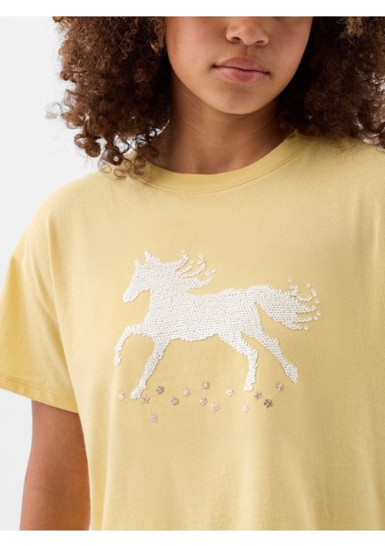 Kız Çocuk Sarı Pullu Flippy Grafikli T-Shirt