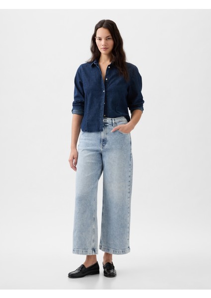 Kadın Açık Mavi High Rise Stride Wide-Leg Ankle Jean Pantolon