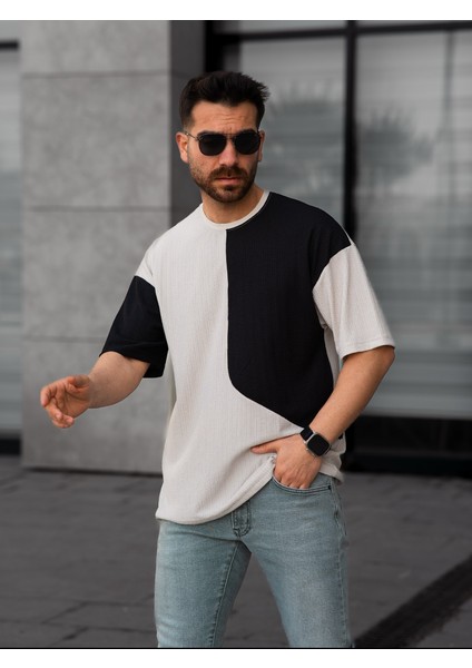 The Kaplan Parçalı Desen Unisex Bisiklet Yaka Oversize Bürümcük T-Shirt