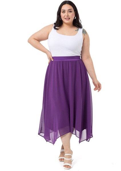 Büyük Beden Asimetrik Kesim Astarlı Mor Şifon Etek