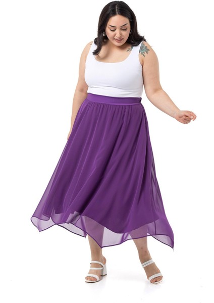 Büyük Beden Asimetrik Kesim Astarlı Mor Şifon Etek fırsatları
