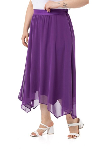 Büyük Beden Asimetrik Kesim Astarlı Mor Şifon Etek indirimleri