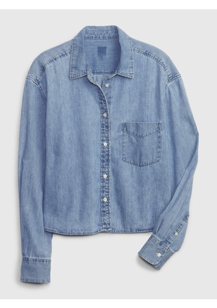 Kadın Açık Mavi Denim Crop Gömlek