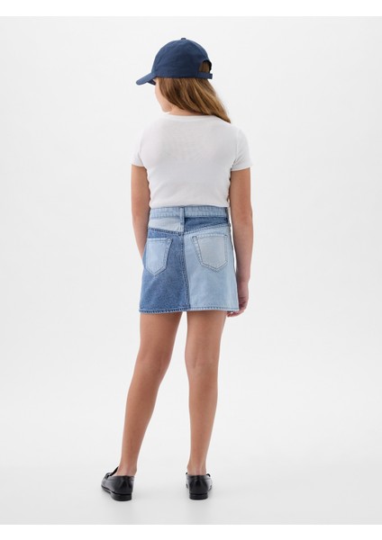 Kız Çocuk Mavi High Rise Patchwork Denim Etek