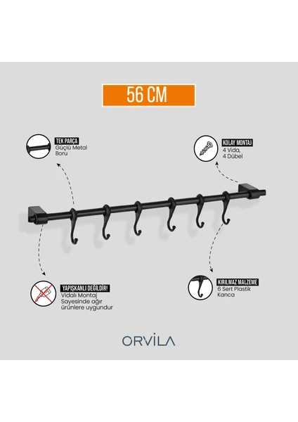 Siyah Metal Mutfak ve Banyo Askısı 6 Kancalı Askı Demiri 56 cm Çubuk