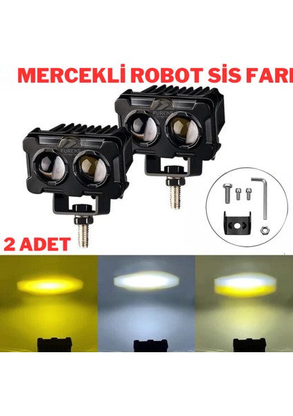 Robot Sis Farı 2 Adet Sarı – Beyaz 50W Motosiklet Off Road Atv Utv Araba Uyumlu Baykuş Sis