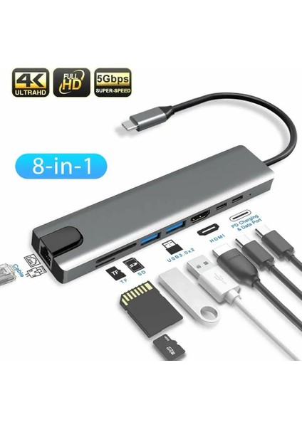 Alfa MEC 8’i 1 Arada Type-C To USB 4K HDMI RJ45 Ethernet 87W Pd Şarj Sd/tf Kart Okuyucu Hub Dönüştürücü