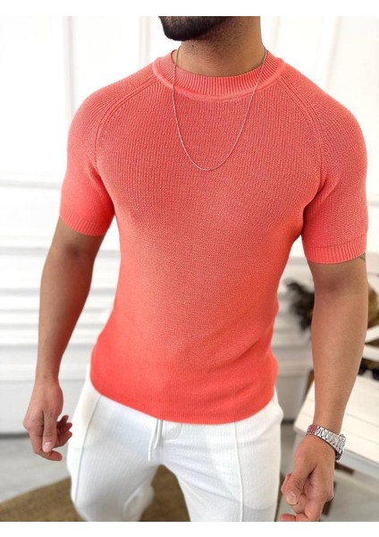 Örme Triko T-Shirt Kısa Kollu Triko Slim Fit Dar Kesim T-Shirt