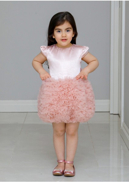 Kız Çocuk Özel Gün Simli Kabarık Fiyonk Detay Pudra Tütü Elbise modelleri