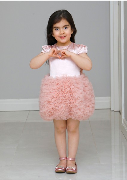 Kız Çocuk Özel Gün Simli Kabarık Fiyonk Detay Pudra Tütü Elbise fırsatları