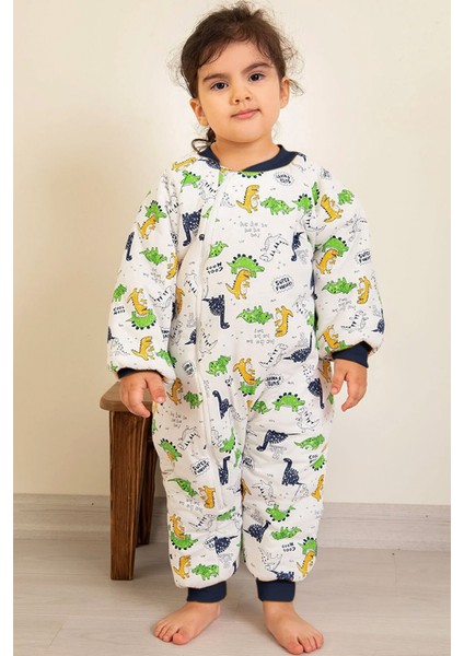Lacivert Biyeli Dinozor Desenli Erkek Çocuk Uyku Tulumu