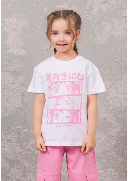 Pembe Stay Positive Baskılı T-Shirt