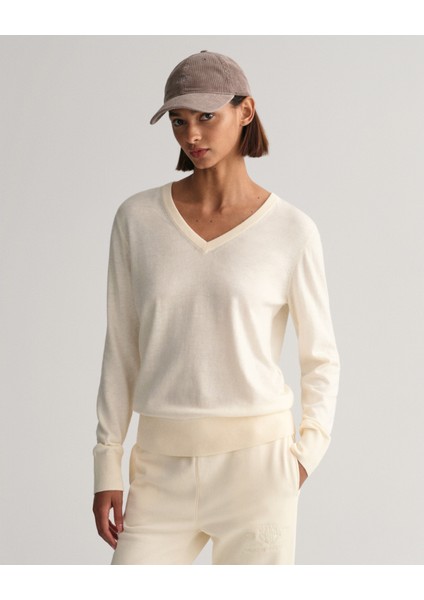 Kadın Krem Regular Fit V Yaka Kazak 4803187.130