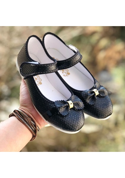 Kız Çocuk Cırt Cırtlı Siyah Babet , Fiyonk Detaylı Kaydırmaz Taban